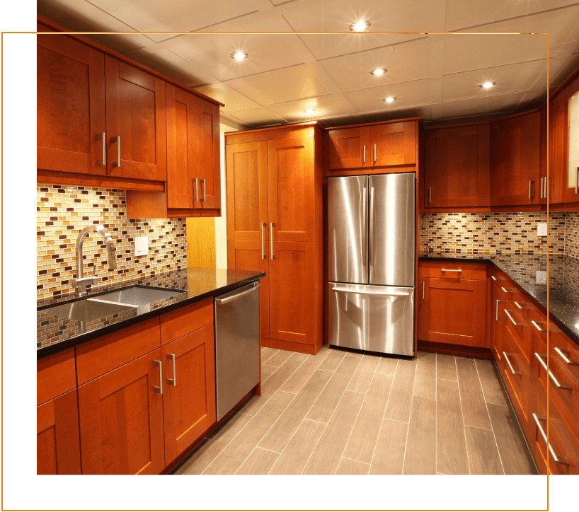 VSPLASH-149262666666 A kitchen with wooden cabinets and stainless steel appliances.