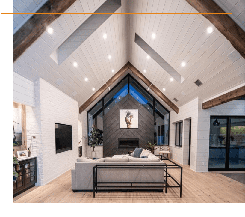 Vinyl Waterproof Flooring Modern living room with vaulted ceiling.